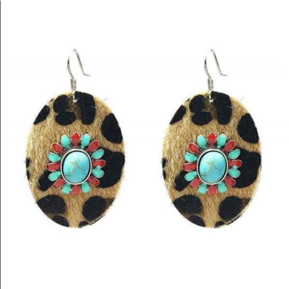 Leopard leather with turquoise stone earrings